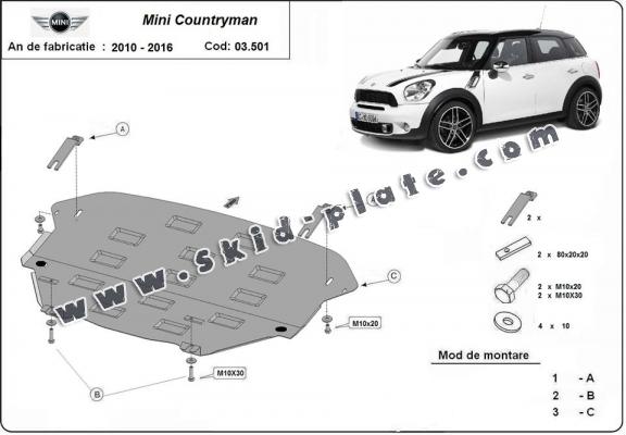 Steel skid plate for the protection of the engine and the gearbox for Mini Countryman R60